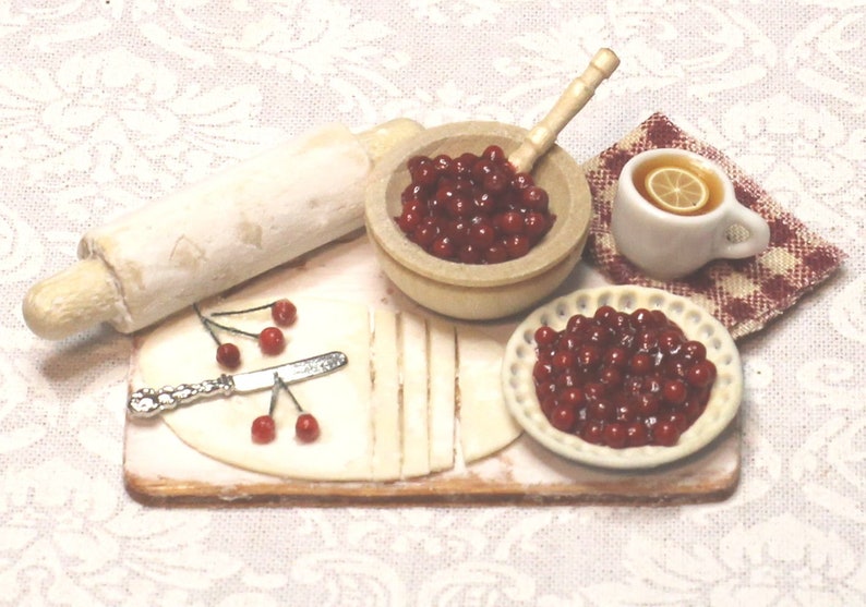 Cherry Pie Prep Board one-inch scale 1:12 scale cup of tea pie mix cherry pie dollhouse miniature food image 1