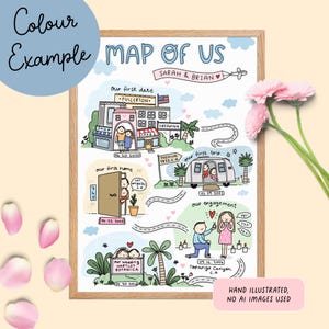 Op de afbeelding: Een handgetekende kaart met de titel "Map of Us" in een houten lijst, met de namen "Sarah & Brian". De kaart toont belangrijke levensgebeurtenissen, waaronder een eerste date, huis, reis, verloving en bruiloft, met data en locaties.