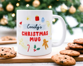 Personalised Christmas Mug, Name Christmas Mug, Christmas Eve Gift, Secret Santa Gift, Illustrated Mug