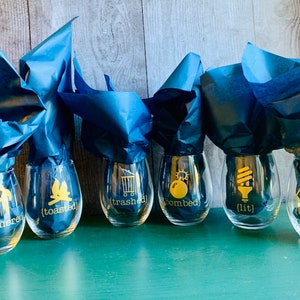 Toasted Lit Buzzed Wine Tumblers | Hammered Trashed Bombed Stemless Wine Glasses | Housewarming Gift | 15 Ounce Stemless Wine Tumblers