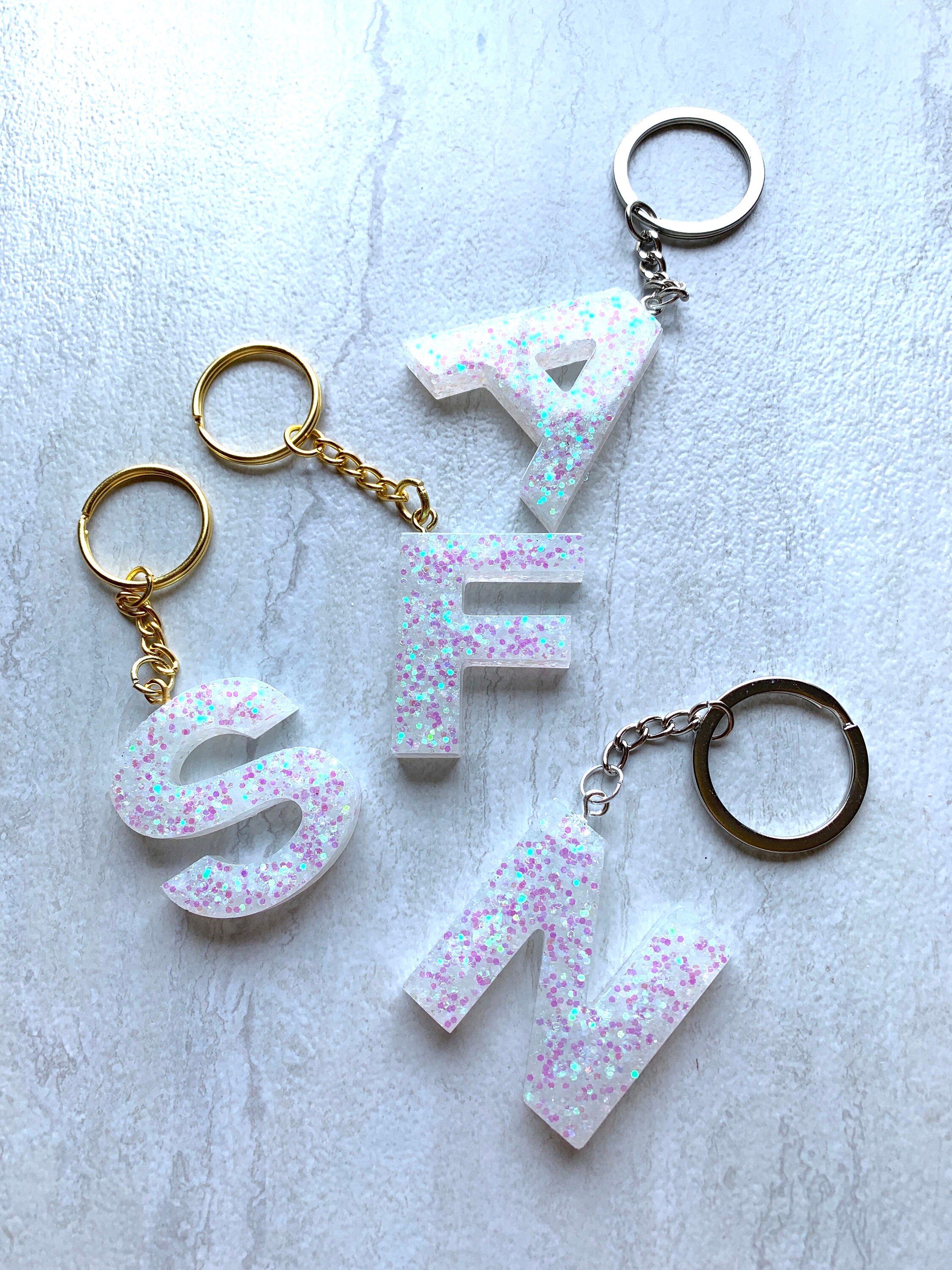 Letter Keychain Initial Keychain Glitter Keychain Silver Etsy