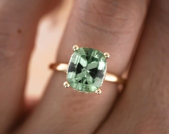 Cushion Cut Diamond Ring, Green Apple Sapphire Ring, Solitaire Diamond Ring, Hidden Halo Sapphire Ring, Cushion Cut Ring,14K Solid Gold Ring