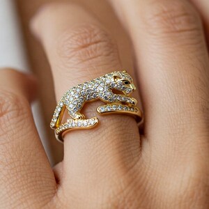 Leopard Diamond Ring, Animal Inspired Panther Ring For Mother Everyday Jewelry, Solid Gold Jaguar Ring, Round Cut Moissanite Iced Out Ring