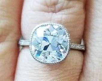 Art Deco Engagement Ring, 3 Cushion Cut Old Mine Diamond Ring, Bezel Set Solitaire Wedding Ring, Milgrain Ring, Bezel Set Retro Vintage Ring