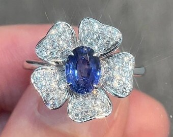 Blue Sapphire Engagement Ring, Nature Inspired Flower Shape Solitaire Ring, Oval Cut Sapphire Wedding Ring, Sterling Silver Ring For Women