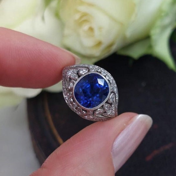 Art Deco Sapphire Ring, Vintage Inspired Oval Cut Blue Sapphire Engagement Ring, Bezel Set Milgrain Ring, Antique Ring, 925 Silver Ring