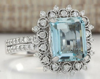 Art Deco Emerald Cut Ring, Aquamarine Moissanite Ring, Halo Engagement Ring, Double Shank Aquamarine Wedding Ring, 14K Solid Gold Ring