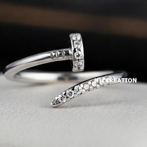 Finger Nail Head Ring, Bypass Wedding Ring, Round Cut Moissanite Anniversary Gift For her, 925 Silver Ring, Minimalist Open Cuff DiamondRing