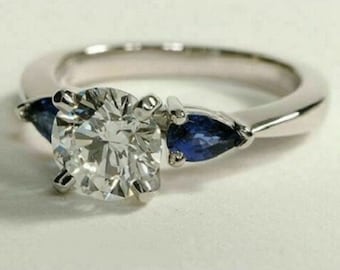 Three Stone Engagement Ring, 3 CT Round Cut Moissanite & Side Pear Blue Sapphire Diamond Ring, 14K Gold Wedding Ring, Three Stone Gold Ring