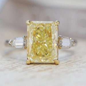 Three Stone Engagement Ring, Radiant Cut Canary Yellow Diamond Ring, Yellow Gem Wedding Ring, Anniversary Gift Ring, Two Tone Silver Ring