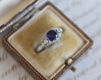 Art Deco Sapphire Ring, Vintage Style Cushion Cut Blue Sapphire Engagement Ring, Bezel Set Milgrain Ring, Antique Ring, 925 Silver Ring