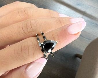 Black Onyx Engagement Ring, Bridal Set Ring, Pear Cut Diamond Wedding Ring, Eternity Anniversary Ring, 14K Solid Gold Ring, Gift For Women