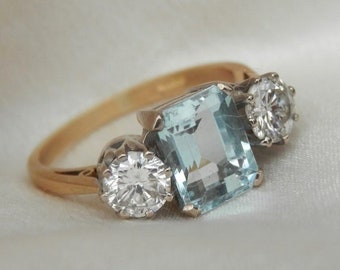 Three Stone Moissanite Ring, Aquamarine Cut Sapphire Ring, Art Deco Three Stone Ring, Vintage Inspired Engagement  Ring, 14K Solid Gold Ring