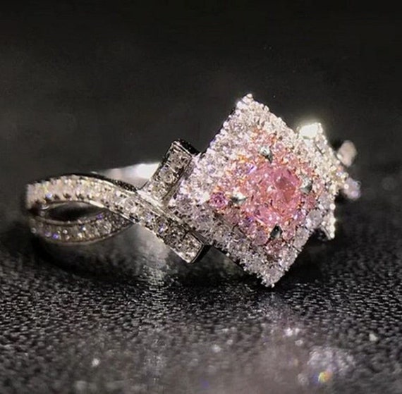 1.00 CT Princess Cut Pink Diamond Ring Double Halo Etsy