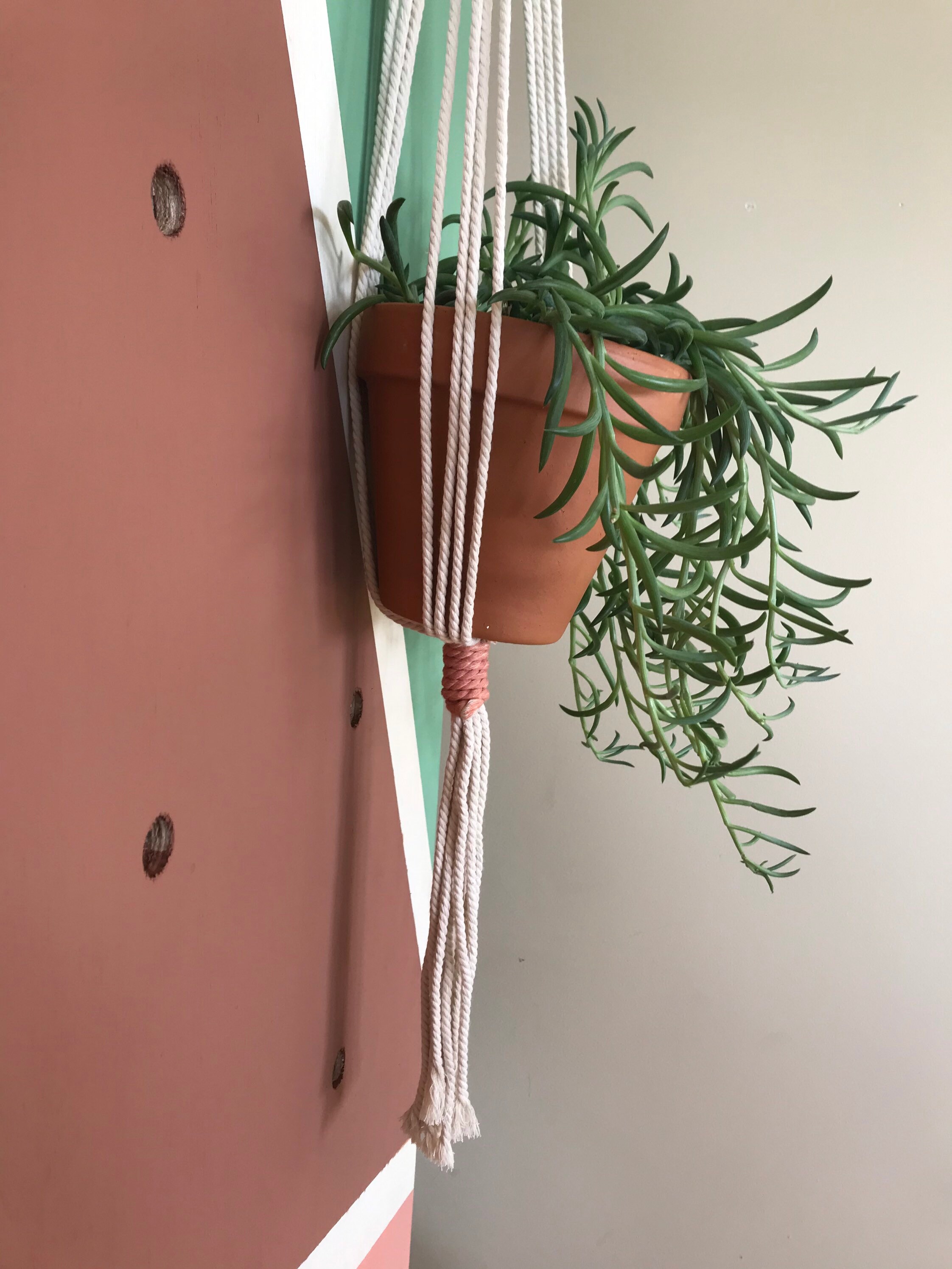 Macramé Ceiling Plant Hanger Beige W/ Peach Wrapped Cord Etsy