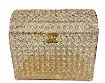 Gold Crystal Money Card Gift Bank Box, Wedding Quinceañera Treasure Chest Style, w/ Lock and Key. Silver Crystal Money Box.
