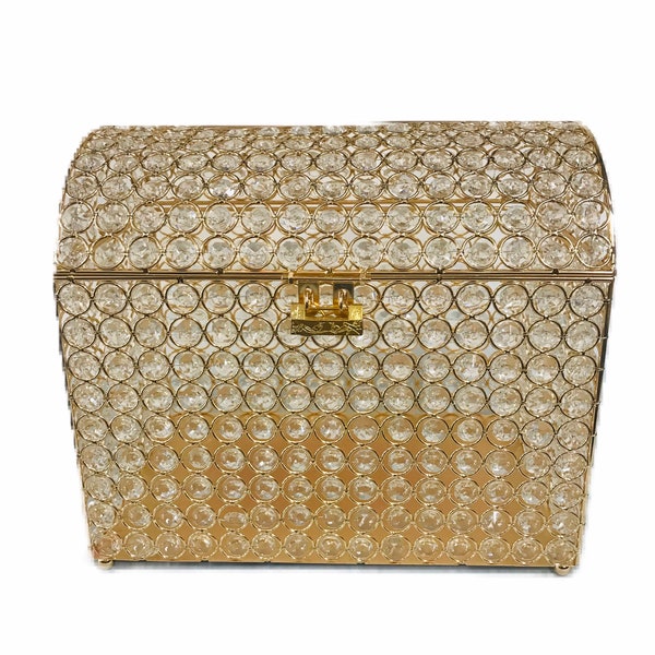 Gold Crystal Money Card Gift Bank Box, Wedding Quinceañera Treasure Chest Style, w/ Lock and Key. Silver Crystal Money Box.