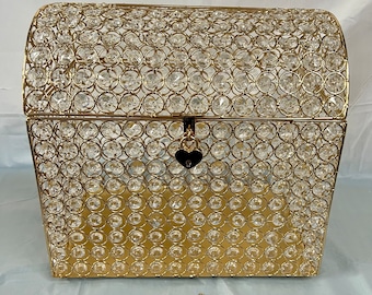 Gold Crystal Money Card Gift Bank Box, Wedding Quinceañera Treasure Chest Style, w/ Lock and Key. Silver Crystal Money Box.