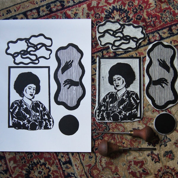 Linogravure Alice Coltrane, imprimée à la main. Linocut hand-Printed Active Active