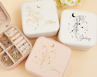 Customised Birth Flowe Zodiac Sign Jewellery Box,Travel Jewelry Case,Floral Zodiac Jewelry Organizer,Name Jewelry Box,Birthday Gifts for Her