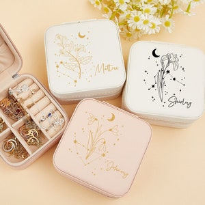 Spersonalizowane pudełko na biżuterię z motywem znaku zodiaku Birth Flower, etui na biżuterię podróżną, organizer na biżuterię z motywem kwiatowym, pudełko na biżuterię z imieniem, prezenty urodzinowe dla niej