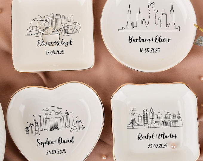 Personalised Landscape Ring Dish,Custom City Skyline Jewelry Dish,Wedding Trinket Dish,Engagement Gifts for Couple,Anniversary Gift for Her