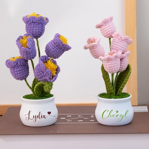 Peut inclure: Deux arrangements de fleurs de tulipes au crochet dans des pots blancs. L'un présente des fleurs violettes avec des centres jaunes, l'autre des fleurs roses. Les pots sont étiquetés "Lydia" et "Cheryl".
