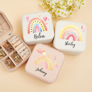 Portagioie da viaggio personalizzato, portagioie in pelle arcobaleno, portagioie con nome arcobaleno, regali per damigelle d'onore, regali di compleanno, regali per la festa della mamma