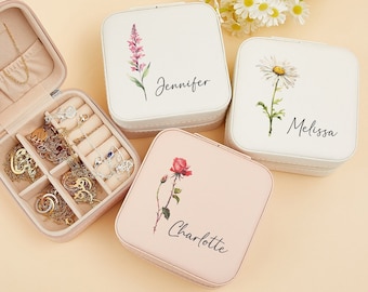 Custom Leather Birth Flower Jewellery Box,Jewelry Travel Box,Floral Jewelry Organizer,Personalized Birthday Gift For Her,Mom Jewellery Case