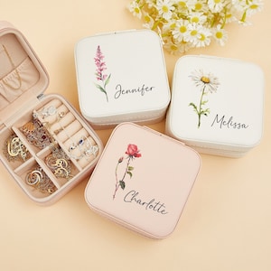 Benutzerdefinierte Geburtsblumen Schmuckschatulle, Lederschmuck Reisebox, Schmuckorganisator, Reiseschmuckschatulle, Geburtstagsgeschenke für sie, Muttertag
