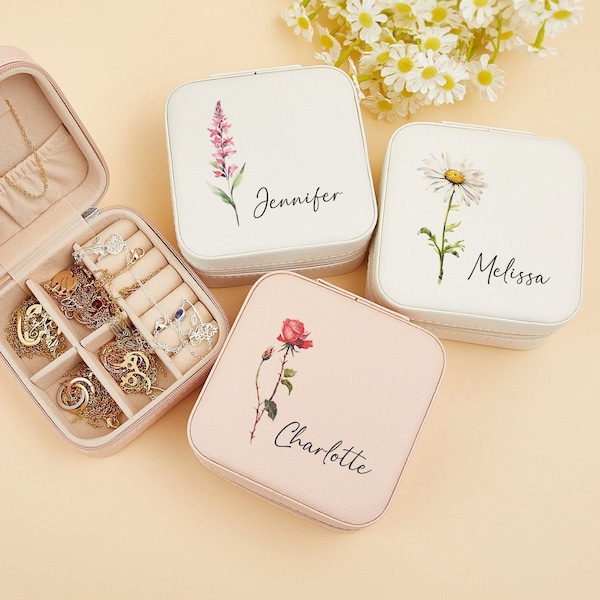 Custom Leather Birth Flower Jewellery Box,Jewelry Travel Box,Floral Jewelry Organizer,Personalized Birthday Gift For Her,Mom Jewellery Case