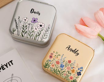 Personalised Leather Jewelry Travel Case with Name, Flower Jewelry Box, Wedding Bridesmaid Gifts, Birthday Gift for Women, Christmas Gifts