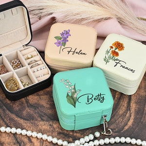 Custom Birth Flower Jewellery Box,Leather Jewellery Travel Box,Personalised Gift Box,Personalised Birthday Gift,Gift for Her,Mother's Day image 3