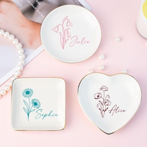 Personalised Birth Flower Ring Dish, Custom Colorful Floral Jewelry Dish, Name Trinket Dish, Wedding Bridesmaid Gift, Birthday Gift for Her