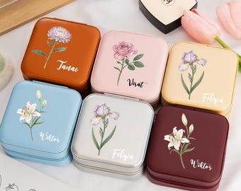 Personalized Birth Flower Jewelry Box, Custom Name Jewelry Travel Case, Bridesmaid Gifts, Birthday Wedding Gifts for Her, Bridal Party Gifts