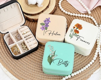 Kundenspezifische Geburtsblumen-Schmuckschatulle, Lederschmuck-Reisebox, personalisierte Geschenkbox, personalisiertes Geburtstagsgeschenk, Geschenk für sie, Muttertag