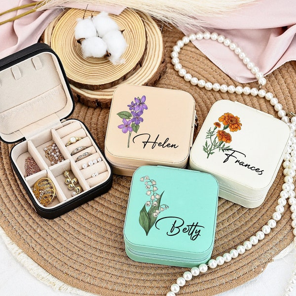 Custom Birth Flower Jewellery Box,Leather Jewellery Travel Box,Personalised Gift Box,Personalised Birthday Gift,Gift for Her,Mother's Day