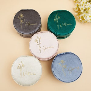 Boîte à bijoux ronde personnalisée en velours, étui à bijoux fleurs de naissance avec fermeture à glissière, organisateur de bijoux prénom, cadeau de mariage pour demoiselles d'honneur, cadeau meilleure amie
