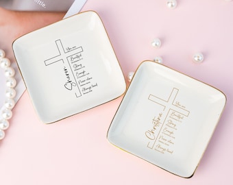 Gepersonaliseerde kruissieraden schotel met bijbelvers, aangepaste doopringschotel, christelijk cadeau voor haar, religieus cadeau, bevestiging aandenken