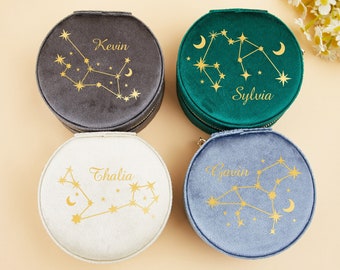 Zodiac Sign Round Velvet Jewellery Box,Star Sign Name Jewellery Case,Travel,Vacation,Birthday Gift ,Bridesmaid Gift,Mom Gift,Gift for Women