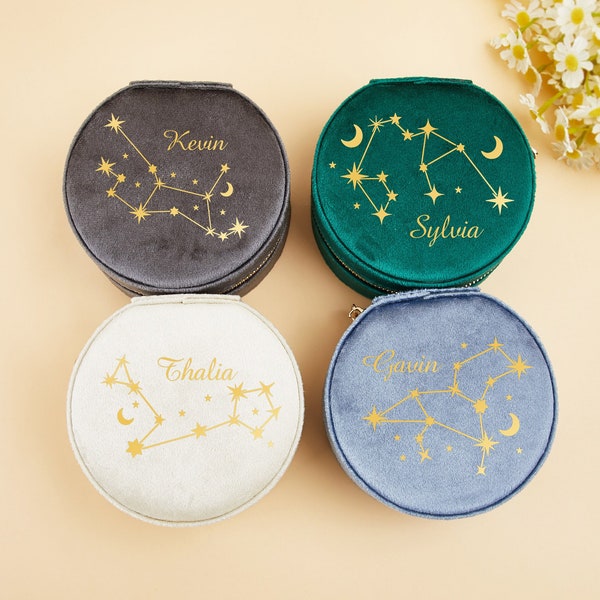 Zodiac Sign Round Velvet Jewellery Box,Star Sign Name Jewellery Case,Travel,Vacation,Birthday Gift ,Bridesmaid Gift,Mom Gift,Gift for Women