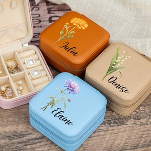 Portagioielli da viaggio personalizzato con fiori di nascita, portagioielli con nome personalizzato, portagioielli da viaggio, regali per damigelle d'onore, regali di compleanno per lei