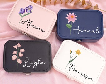 Personalised Name Birth Flower Jewellery Box,PU Leather Jewellery Box,Christmas Gifts,Gift for Her,Travel Jewellery Organizer,Birthday Gift