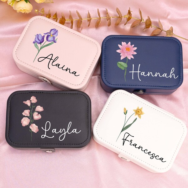 Personalised Name Birth Flower Jewellery Box,PU Leather Jewellery Box,Christmas Gifts,Gift for Her,Travel Jewellery Organizer,Birthday Gift