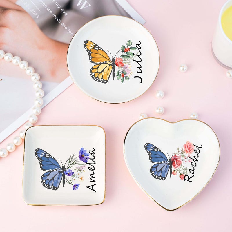 🎁 Custom Name Jewelry Dish,Personalised Butterfly Trinket Dish with Flower,Birdesmaid Gift,Birth Flower Ring Dish,Birthday Gift for Mom,Her