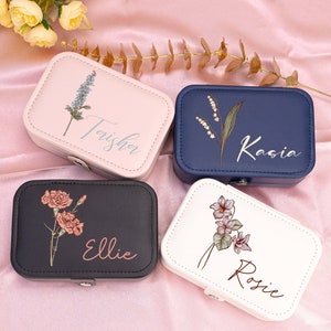 Regalo personalizzato per lei, portagioie con fiori di nascita, portagioie con nome floreale, organizer da viaggio per gioielli, regalo di compleanno, regalo per damigelle d'onore