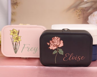 Personalised Birth Flower Jewellery Box,Floral Name Jewellery Case,Christmas Gifts,Gift for Her,Travel Jewellery Organizer,Birthday Gift