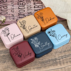 Boîte à bijoux personnalisée, Boîte à bijoux en cuir prénom fleur de naissance, Étui à bijoux de voyage, Cadeau de demoiselle d'honneur, Cadeau d'anniversaire pour elle, Cadeau pour la fête des mères