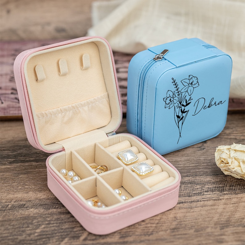 Personalisierte Schmuckschatulle, Geburtsblumen-Schmuck-Reisebox aus Leder, personalisierte Geschenkbox, Geburtstagsgeschenk, Valentinstagsgeschenk für Sie, Mutter Bild 6