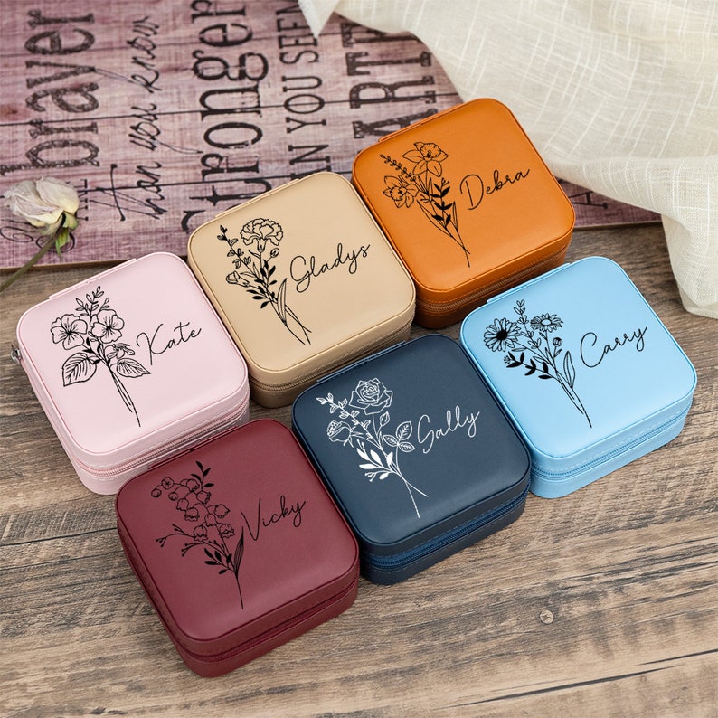 Portagioielli personalizzato,Scatola da viaggio per gioielli in pelle con fiore di nascita,Scatola regalo personalizzata,Regalo di compleanno,Regalo di San Valentino per lei,Mamma immagine 2